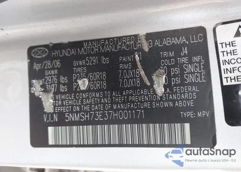 2007 Hyundai Santa Fe Limited/Se from USA, damaged, VIN 5NMSH73E37H001171